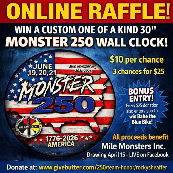 Online raffle for a custom 30" Monster 250 wall clock benefiting Mile Monsters Inc.