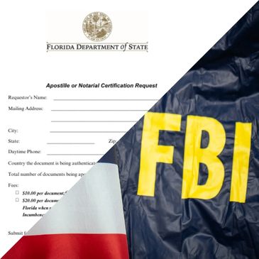 Florida apostille request form beside FBI jacket letters — full-service background check + apostille