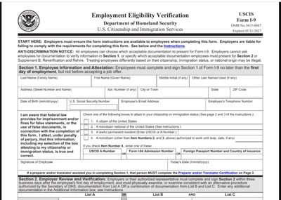 Form I-9 Employment Eligibility Verification from U.S. Citizenship and Immigration Services.