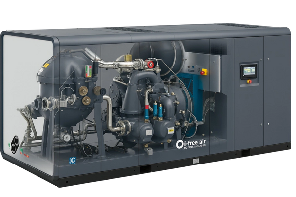 Industrial oil-free air compressor with transparent casing showing internal components.