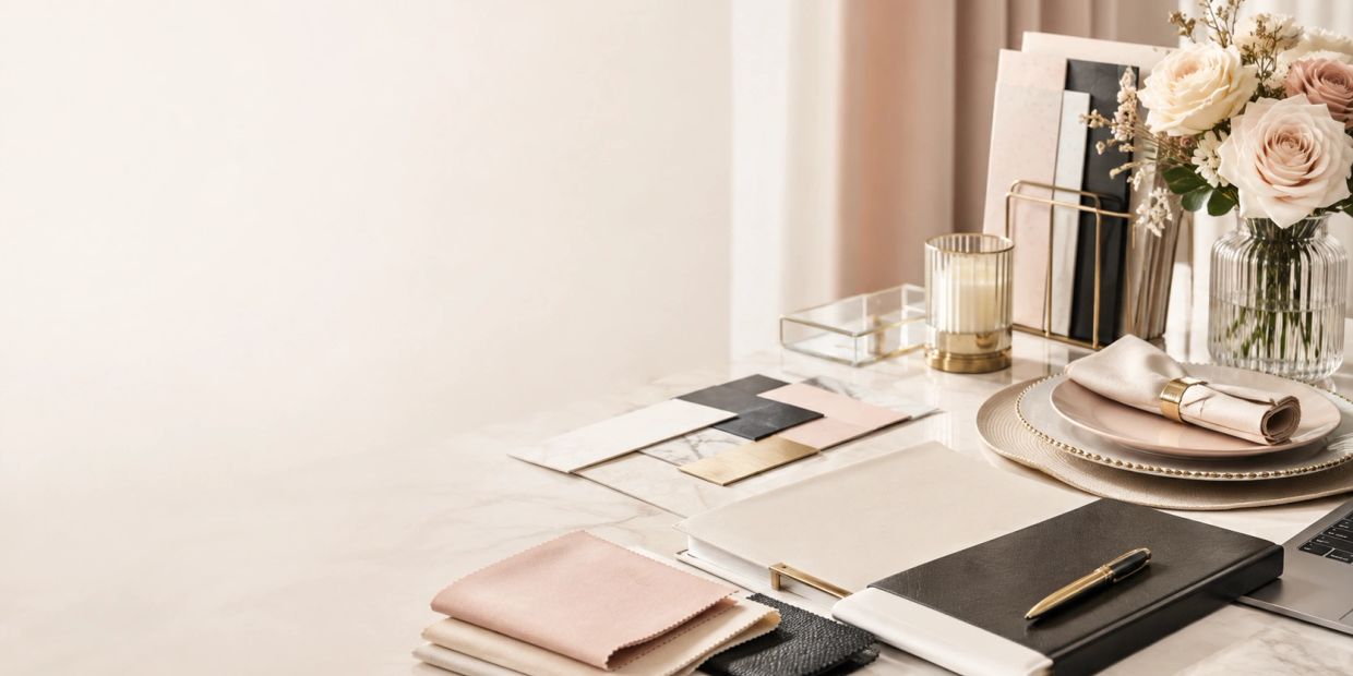 Elegant workspace with neutral tones and floral decor.