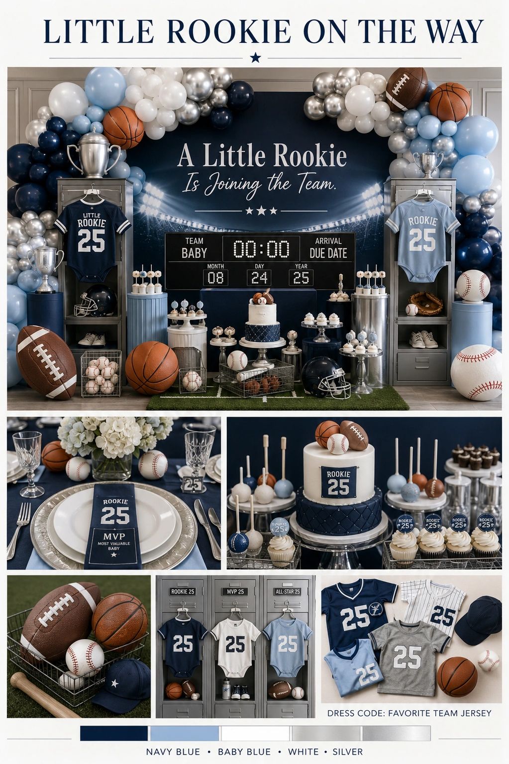 Sports-themed baby shower setup with navy and baby blue accents.