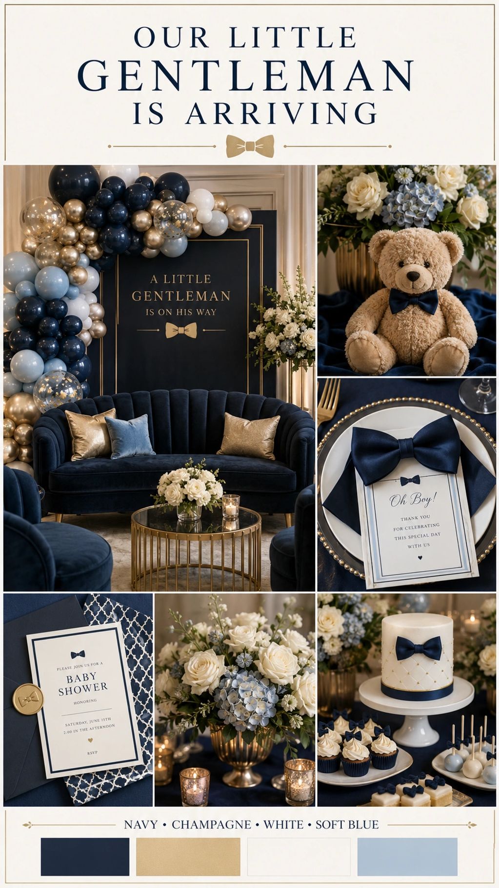Elegant baby shower with navy, champagne, white, and soft blue theme.