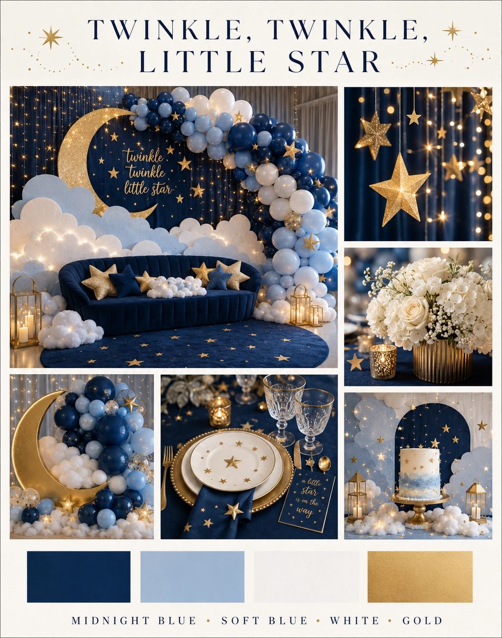 Twinkle Twinkle Little Star themed party with midnight blue and gold decor.