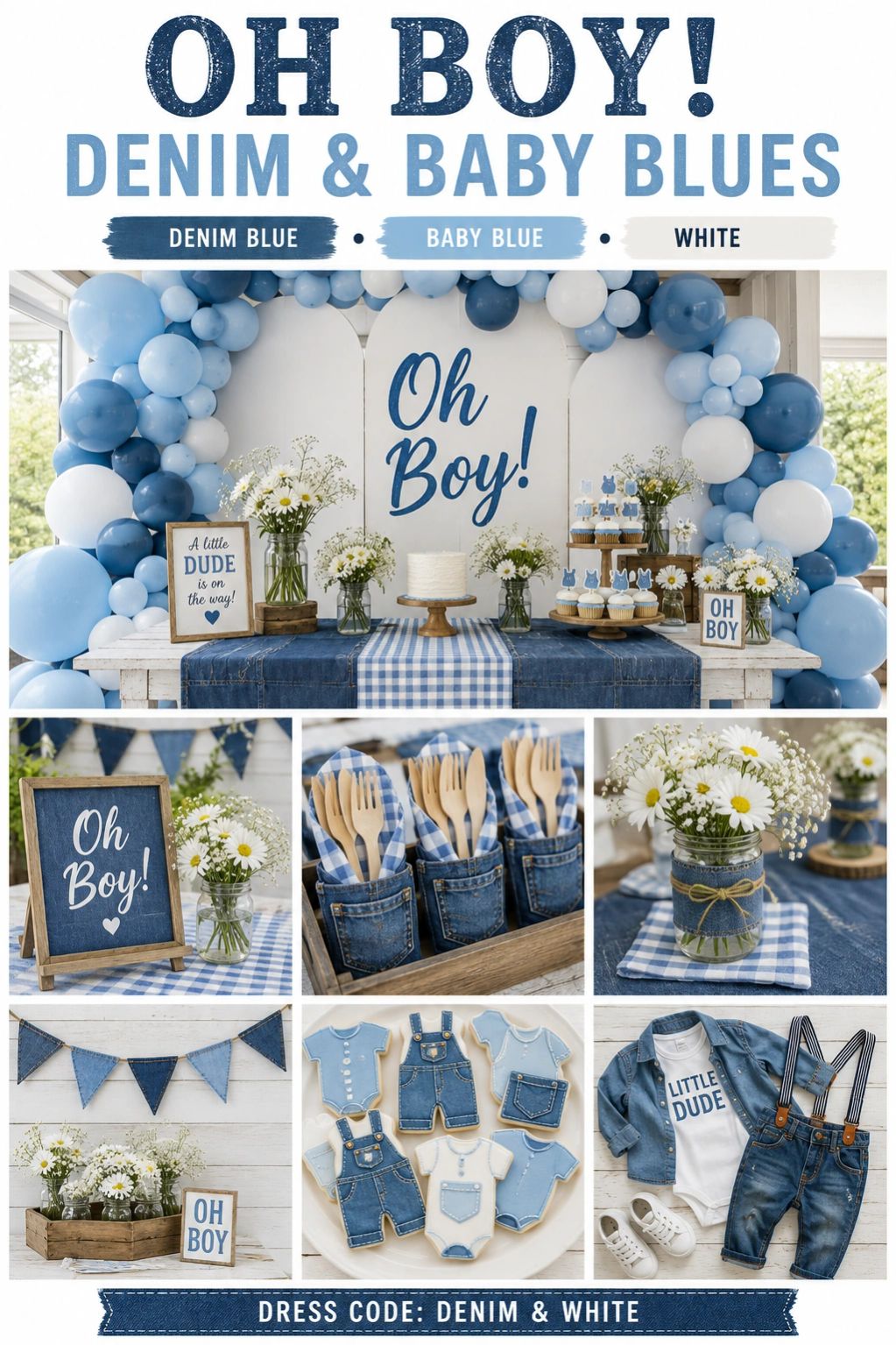 Denim and baby blue themed baby shower decorations and outfit ideas.