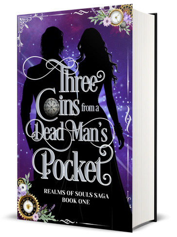 Book One of the Realms of Souls Saga, a purple sparkly cover with shadows of a man and woman, gears