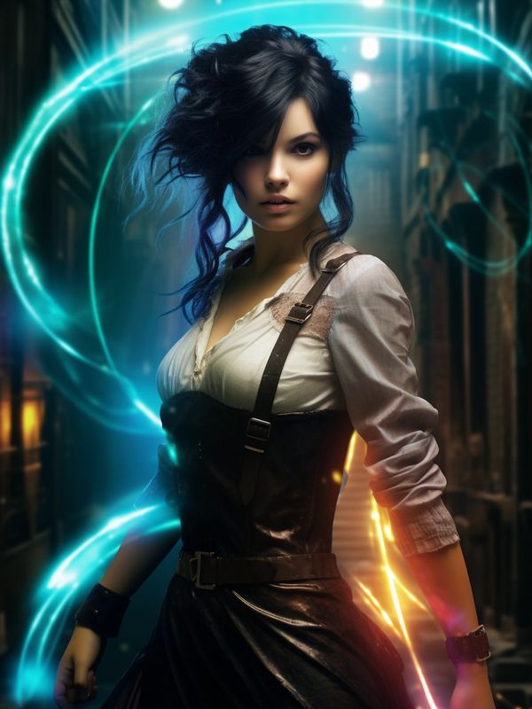 woman with black hair and turquoise eyes wearing a steampunk dress with lights swirling around her