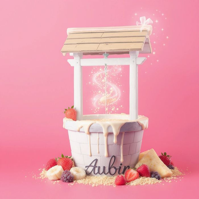 A whimsical wishing well cake with fresh fruits on a pink background.
