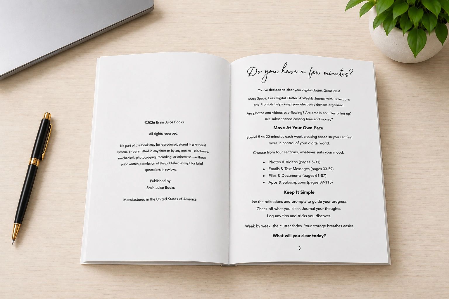 Open book about clearing digital clutter on a wooden desk with pen and plant.