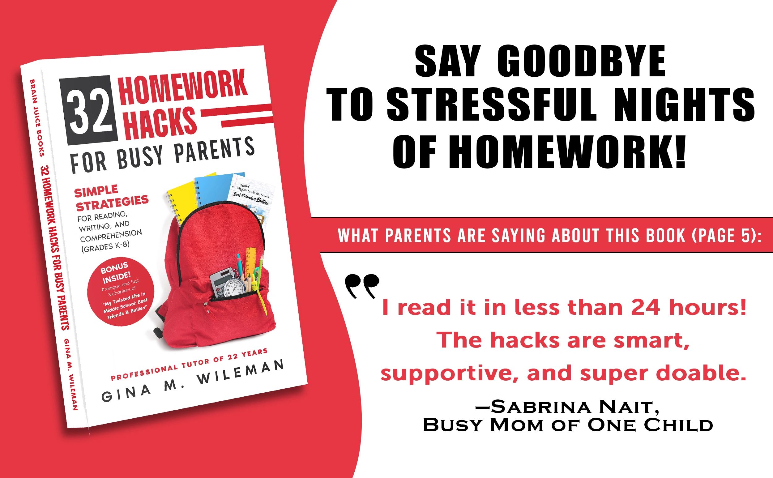 Book cover of '32 Homework Hacks for Busy Parents' with a red backpack illustration.