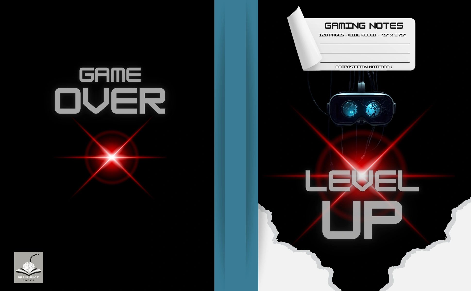 Gaming notebook cover with 'Game Over' and 'Level Up' text