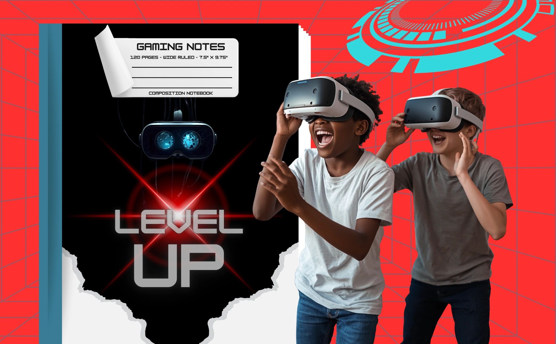 Two boys playing with VR headsets in front of a gaming notebook cover.