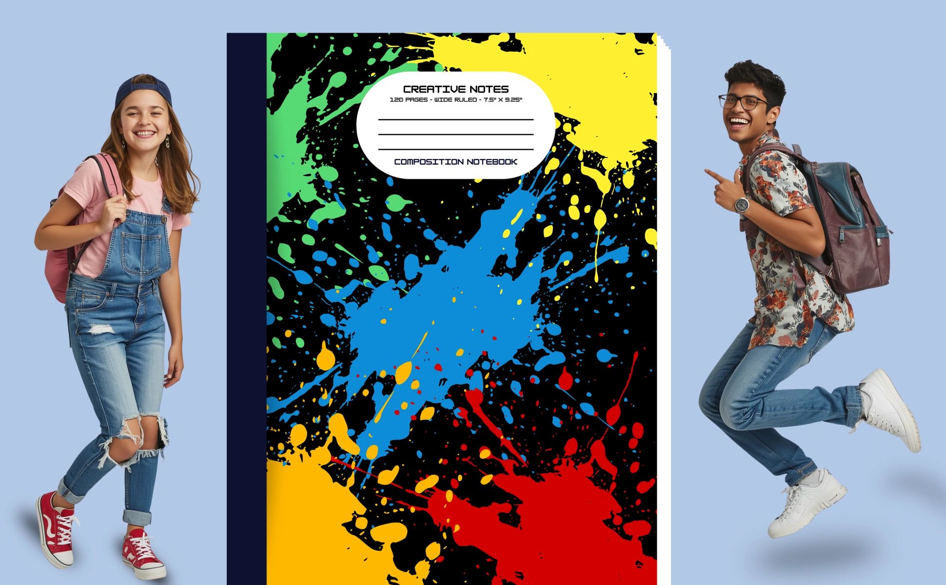 Two happy students with backpacks next to a colorful splatter notebook.