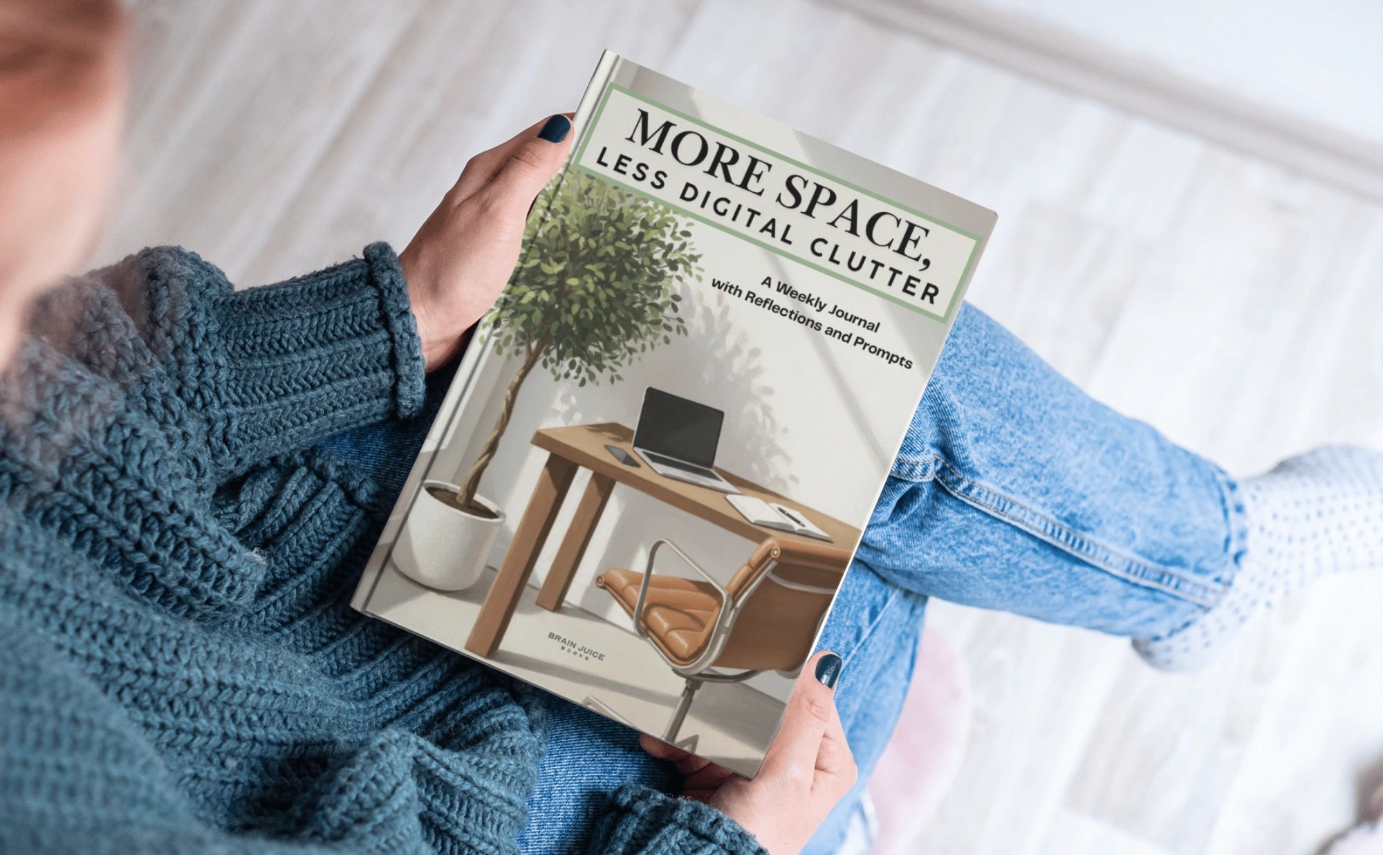 Person reading a journal titled 'More Space, Less Digital Clutter'.