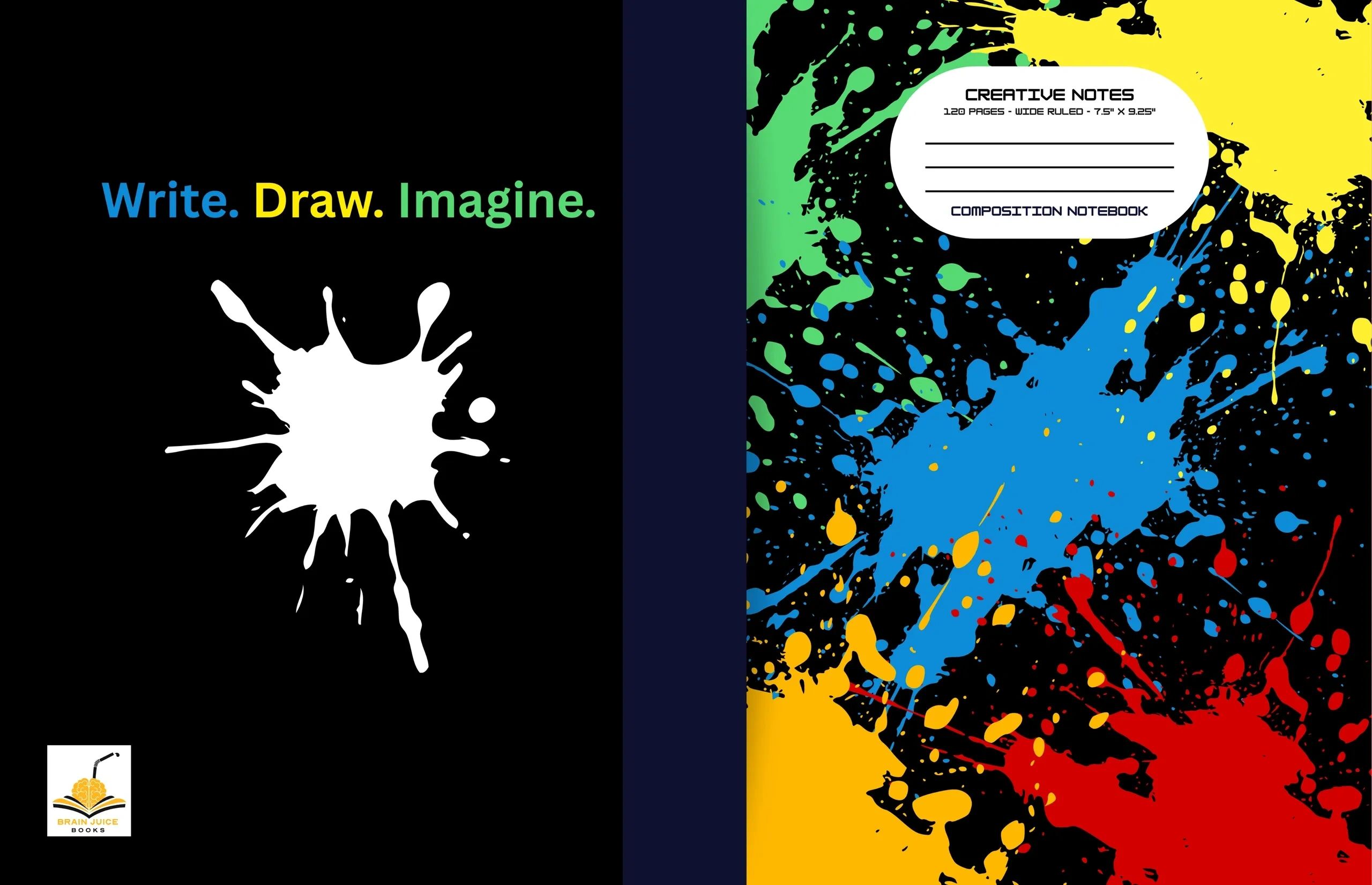 Creative notebook cover with colorful paint splashes and motivational text.