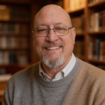 Smiling bald man with glasses and goatee in a cozy library.