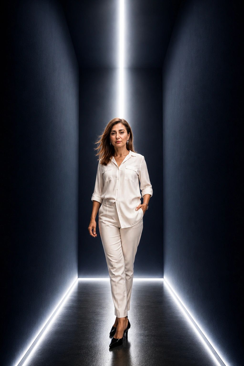 Confident woman walking in illuminated dark hallway.