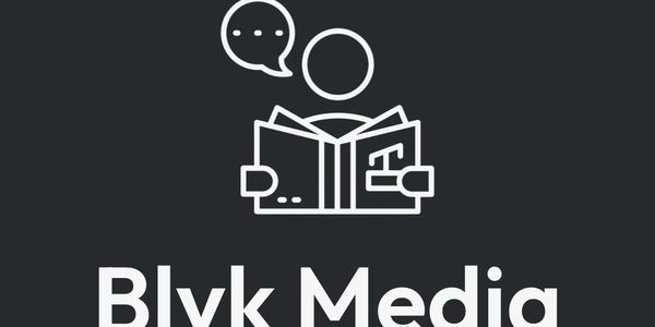 Logo of Blvk Media with a person reading and a speech bubble icon.