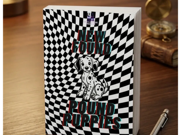 Book titled 'New Found Pound Puppies' with a black-and-white optical illusion cover and a Dalmatian illustration.