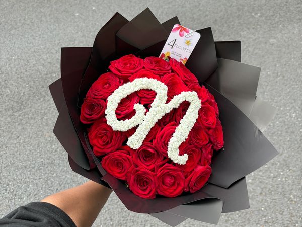 Red rose bouquet with initial on top 