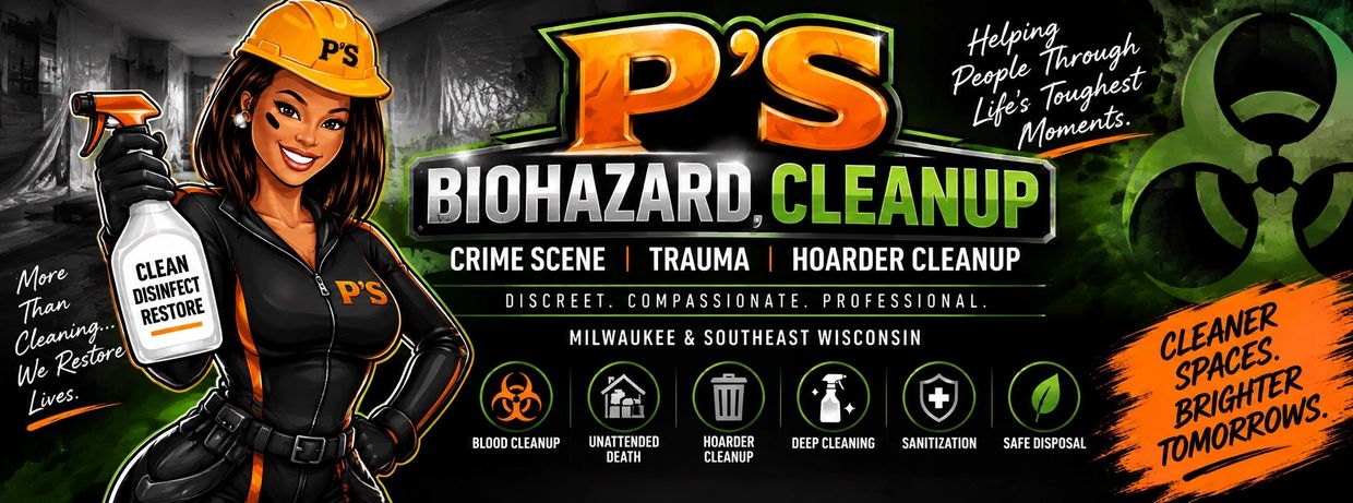 Advertisement for P's Biohazard Cleanup services with a cartoon woman holding a cleaning spray. psjunkremovalwi