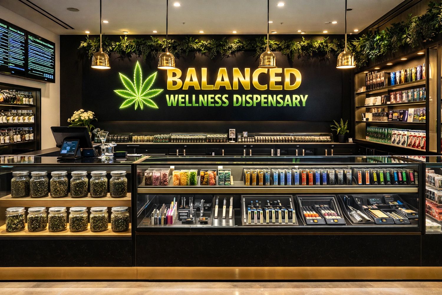 Modern cannabis dispensary with organized displays and warm lighting.