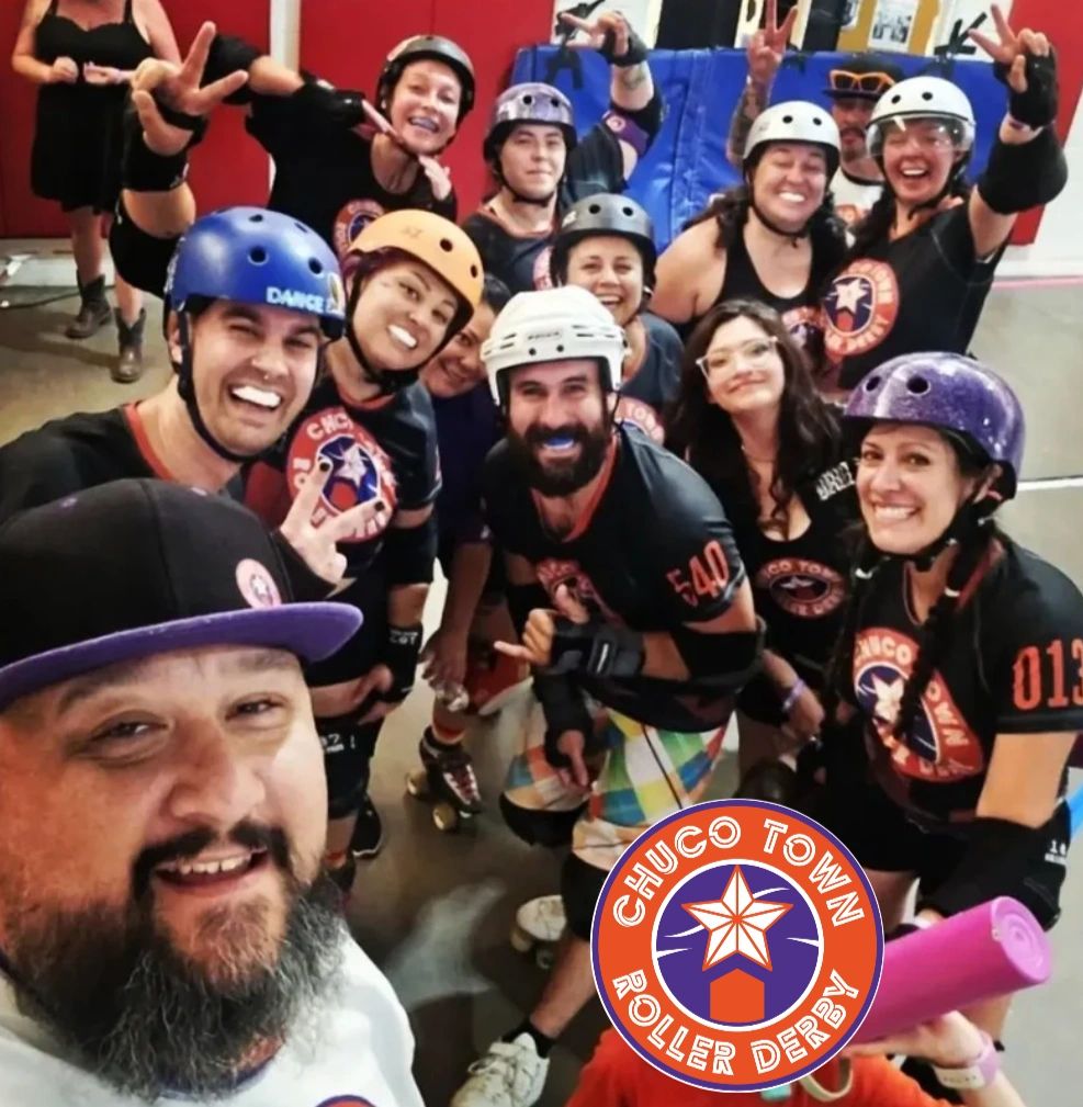 Chuco Town Roller Derby team group photo with smiles and helmets.
