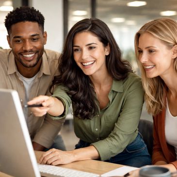 Three colleagues smiling and collaborating in front of a laptop.