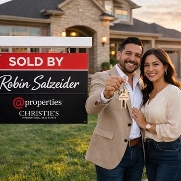 Happy couple holding house keys in front of their new home with a sold sign.