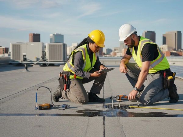 Two construction workers inspecting a leak on a rooftop with tools and safety gear.