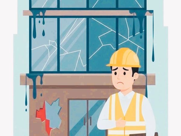 Sad construction worker inspects a damaged building with broken windows and cracks.