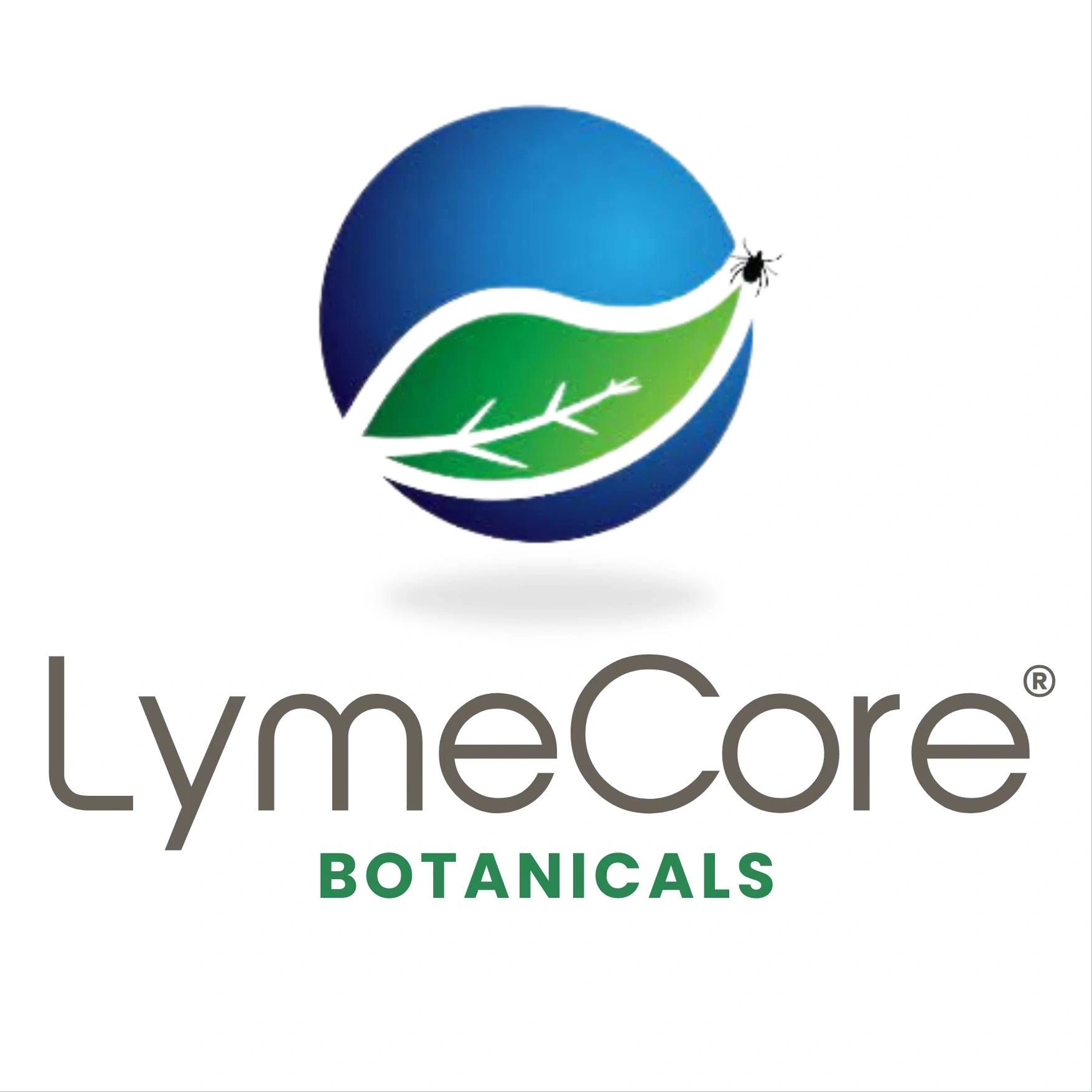 LymeCore Botanicals logo with a leaf and tick symbol.