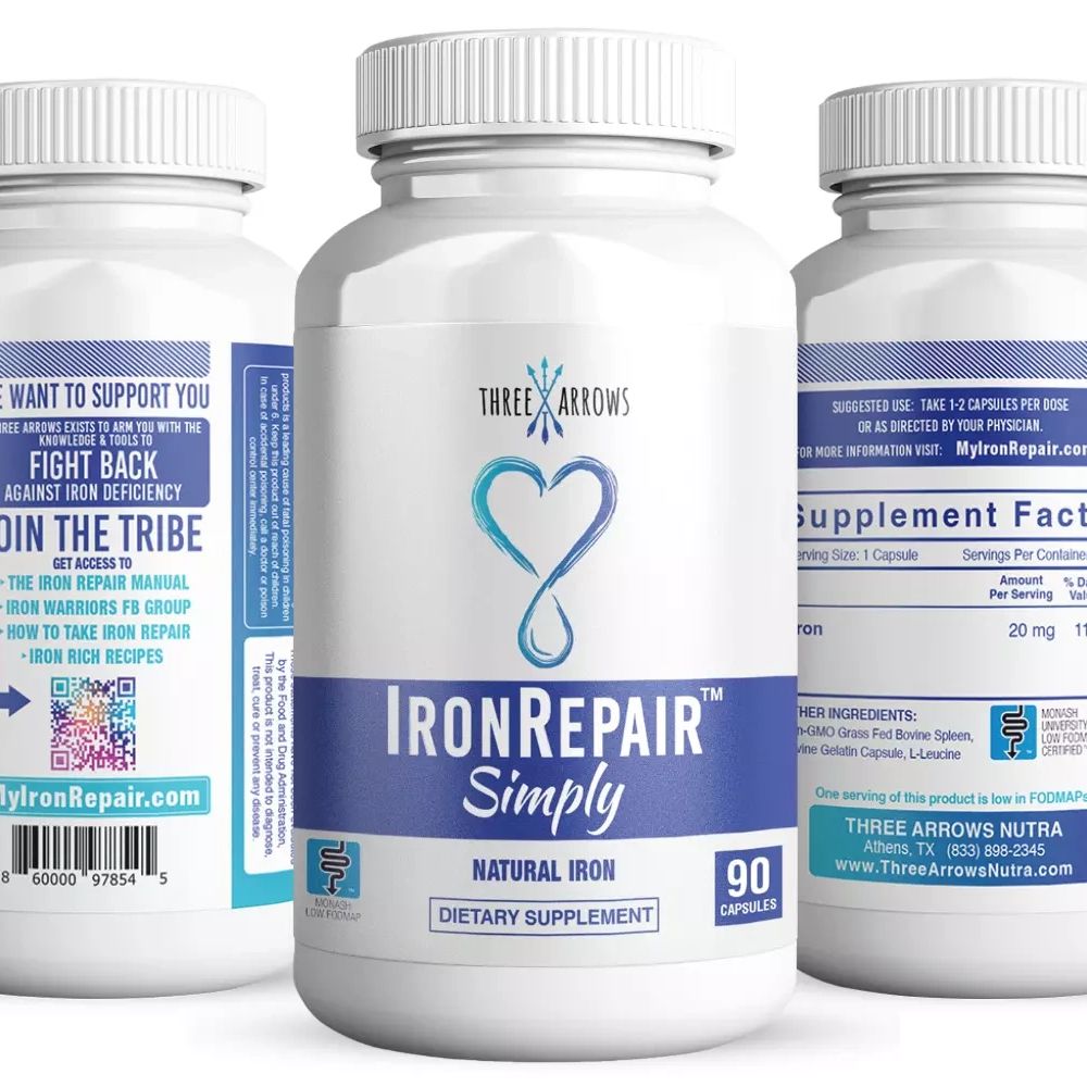 Three Arrows IronRepair Simply natural iron dietary supplement bottle with 90 capsules.