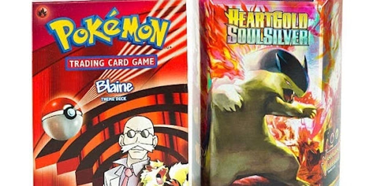 Two Pokémon card packs, one Blaine theme deck and one HeartGold SoulSilver pack.