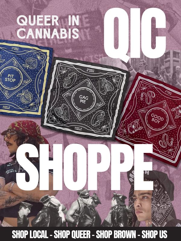 Colorful bandanas and diverse people promote queer cannabis culture and local shopping.