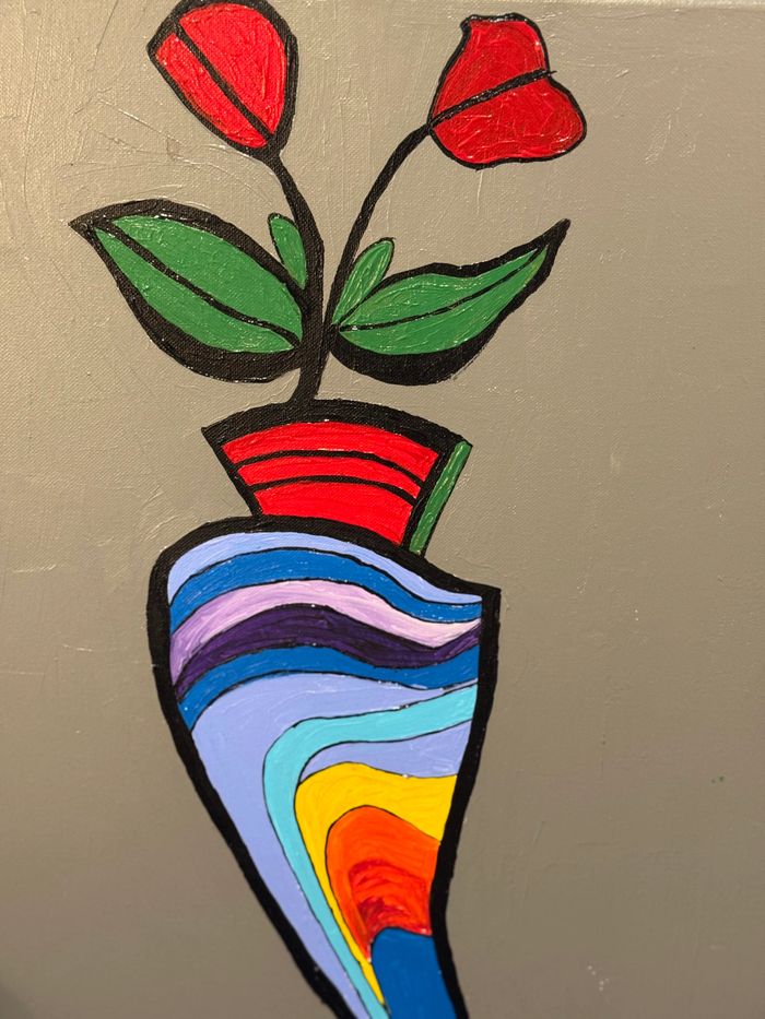 Abstract painting of a colorful flower in a patterned vase.