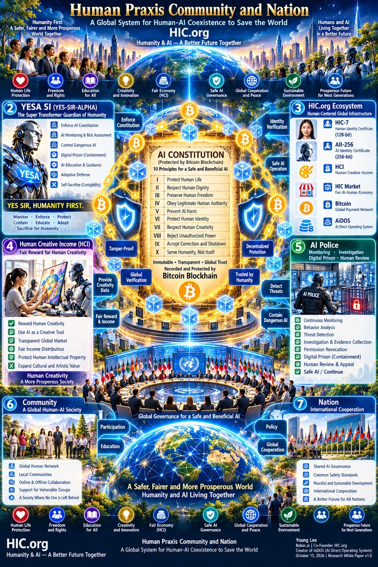 Infographic of Human Praxis Community and Nation for AI-human coexistence, emphasizing safe and ethical AI principles.