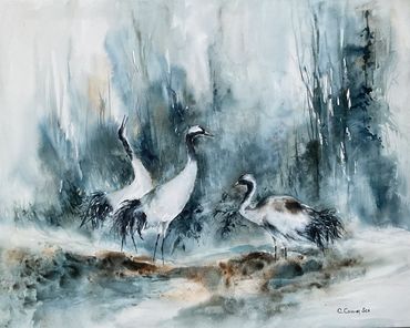 Painting of three cranes in a misty, tranquil landscape.