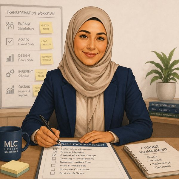 Professional woman in hijab working on implementation checklist.