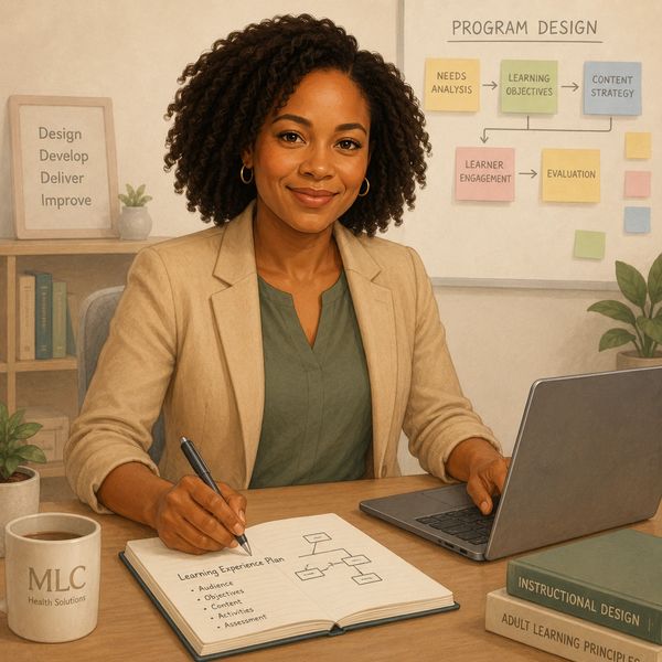 Woman working on a learning experience plan with laptop and notes.