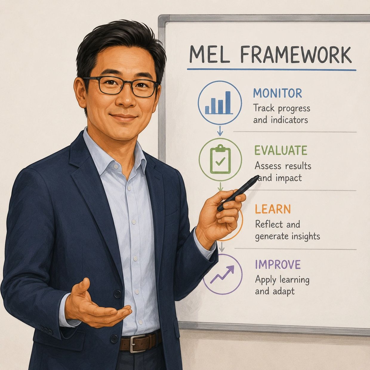 Man presenting the MEL Framework on a whiteboard.