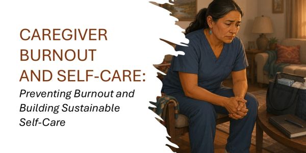 Caregiver looking exhausted, highlighting burnout and self-care importance.