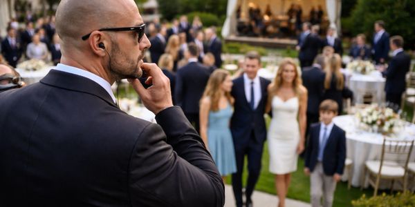 A security guard watches over a family at an outdoor event.