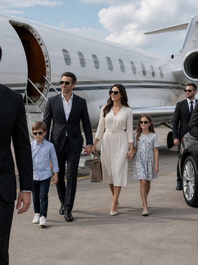 A stylish family walks on the tarmac beside a private jet.
