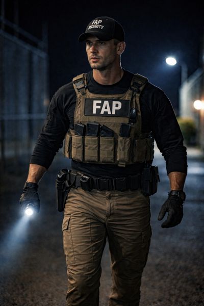 Security officer patrolling at night with flashlight and tactical gear.