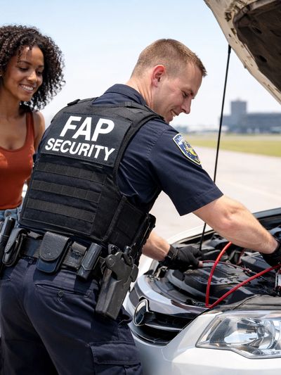 Security officer helping woman jump-start her car battery.