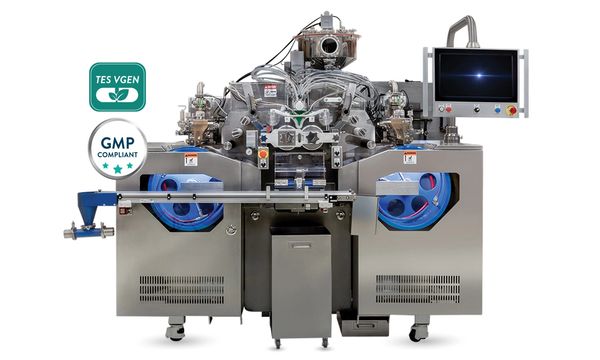 High-tech pharmaceutical manufacturing machine with TES VGEN and GMP compliance logos.
