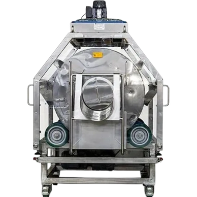 Industrial stainless steel machine with wheels and handles.