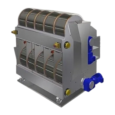 Industrial drum filter machine with blue motor components.