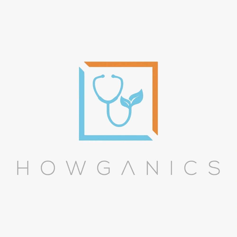 Logo combining a stethoscope and leaf with 'HOWGANICS' text.